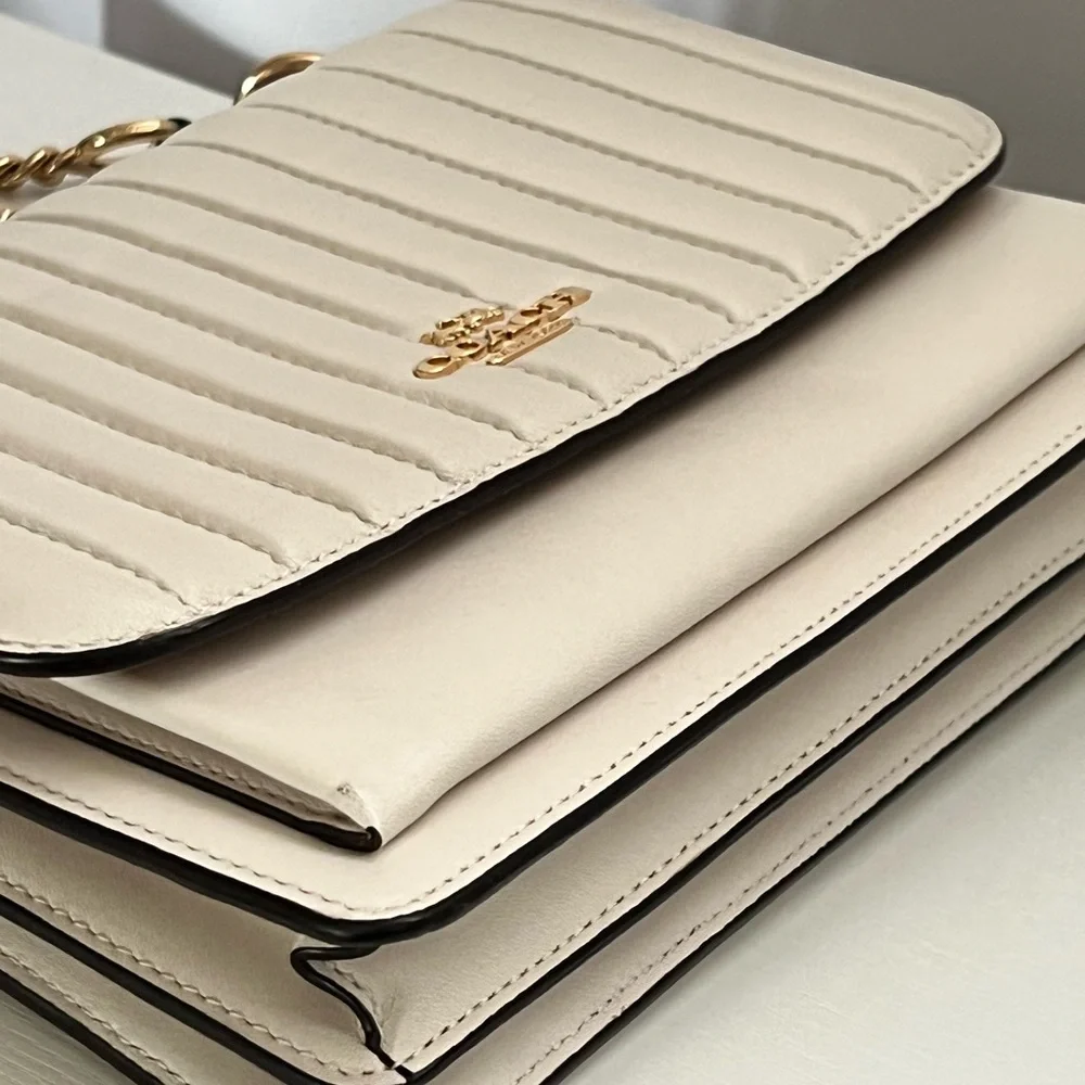 Coach Quilted Leather Shoulder Bag in Chalk White with Gold Chain - Picture 11 of 12